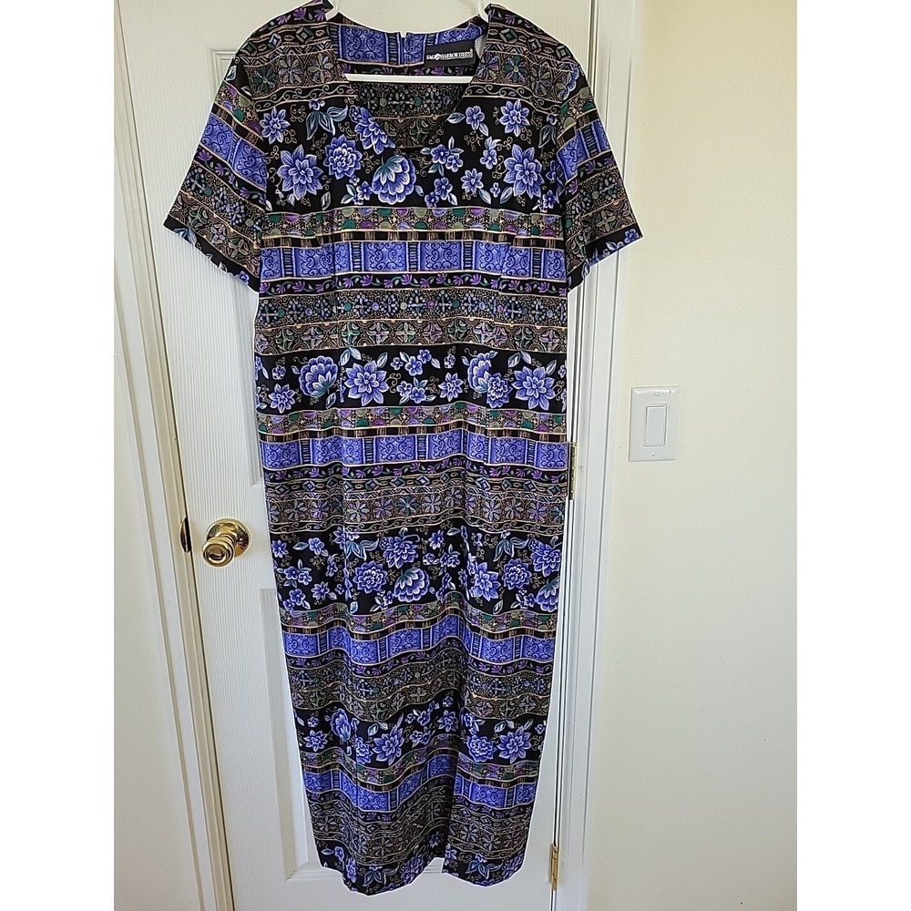Vintage Sag Harbor Dress Size 18 Blue‎ Floral Stripe Shift Maxi Shortsleeve Zip